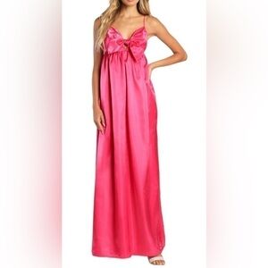 NWT Lulus Flirting With Fab Pink Satin Babydoll Maxi Gown Dress Sz M Pockets